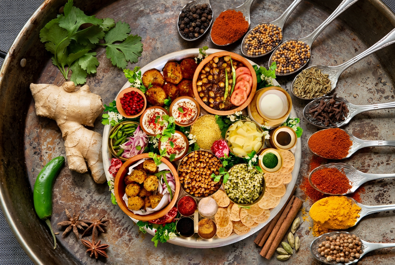 A vibrant Indian chaat spread with spices, chutneys, and herbs